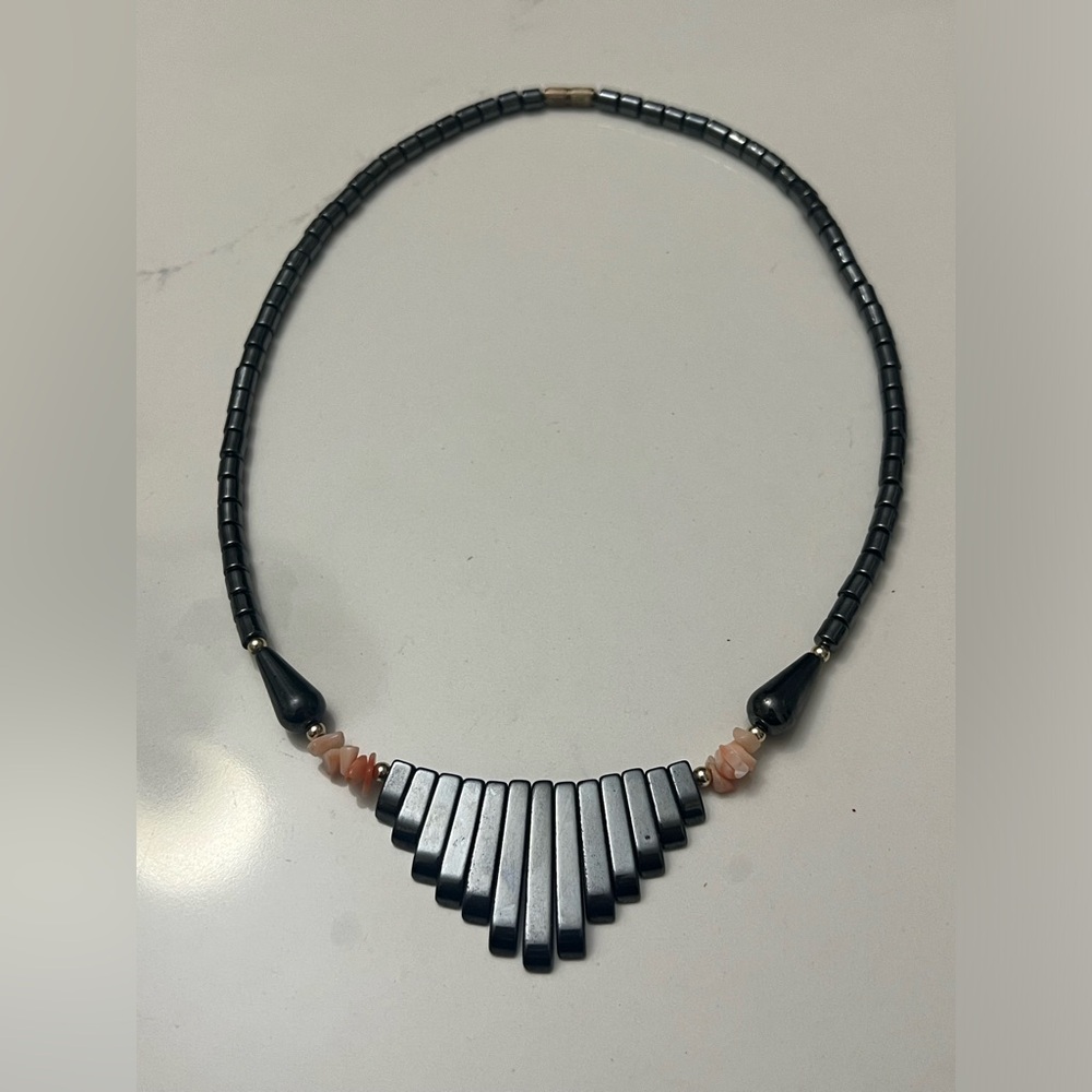 Vintage hematite fan bib necklace accented with natural coral stone chips